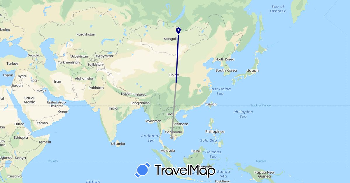 TravelMap itinerary: driving, plane in Mongolia, Vietnam (Asia)